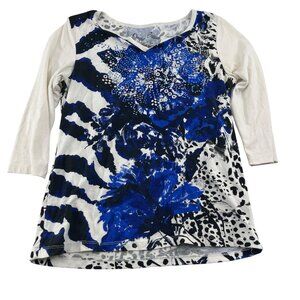 Onque Casuals Womens 3/4 Sleeve Top Size‎ S Blue & White Floral Animal Print